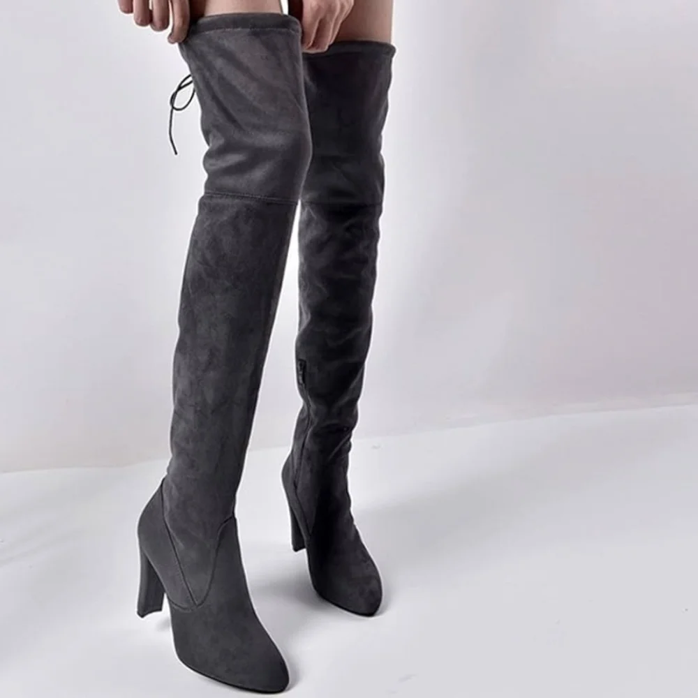Stuart Weitzman Highland Gray Suede Over-The-Knee OTK Block Heel Boots 8.5